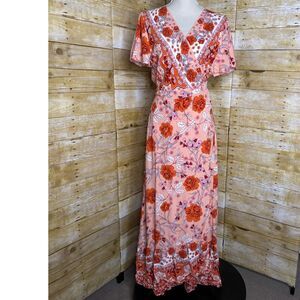ZESICA BOUTIQUE BOHO FOLK FLORAL TRUE WRAP DRESS MAXI LENGTH SIZE LARGE